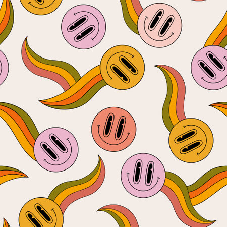 Abstract smiling face funny rainbows seamless pattern in 70s hippie style. Smiley characters on rainbow background. Cartoon happy smiling faces art illustration for retro vintage wallpaper designのイラスト素材