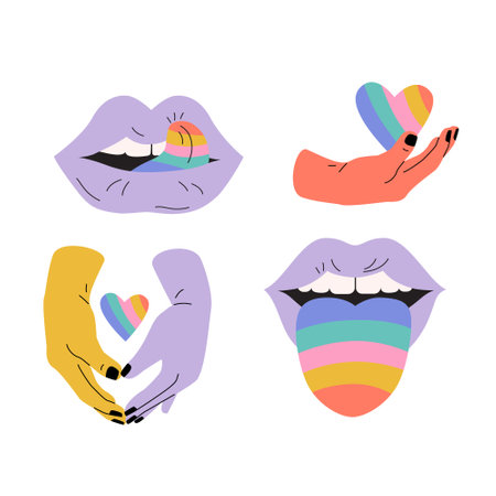 Comic female lips, rainbow colored tongue, LGBTQ couple hands. Pride month concept. Abstract colorful cartoon set isolated on white background. Vector art for banner, poster, sticker, t-shirt printのイラスト素材