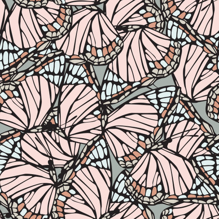 Beautiful butterfly wings seamless pattern. Gorgeous exotic pink colored insect on monochrome background. Hand drawn butterflies vector illustration for textile, fabric, wallpaper, print designsのイラスト素材