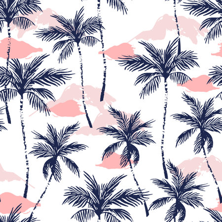Abstract paradise island seamless pattern. Tropics background with sea, exotic islands, palm trees silhouettes, grunge brush stroke texture. Hand drawn vector art illustration for summer designのイラスト素材