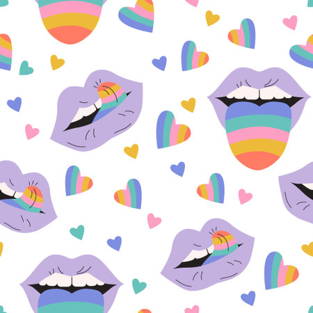 Comic female lips, rainbow colored tongue, hearts seamless pattern. LGBTQ pride month concept. Abstract colorful cartoon background. Vector art for textile, fabric, t-shirt print, wallpaperのイラスト素材