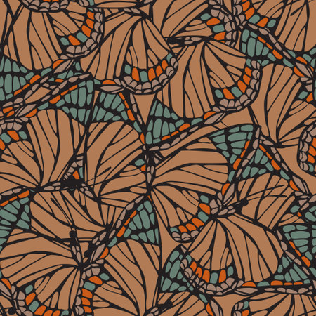 Beautiful butterfly wings seamless pattern. Gorgeous exotic insect background. Hand drawn butterflies vector illustration for textile, fabric, wallpaper, print designsのイラスト素材