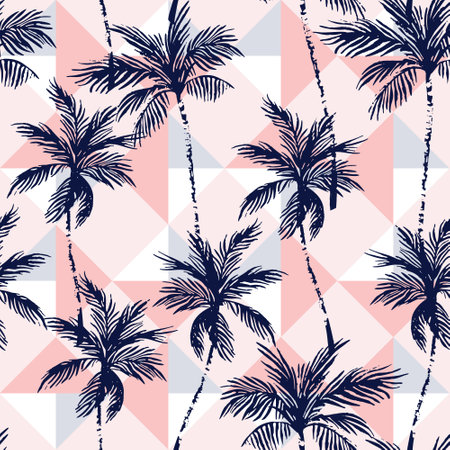 Abstract coconut trees on geometrical rhombus background. Tropical palm trees silhouettes repeat in retro style. Vector art illustration for summer design, print, exotic wallpaper, textile, fabricのイラスト素材
