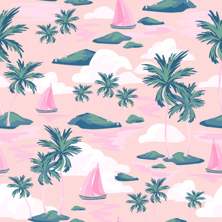 Abstract paradise island seamless pattern. Tropics background with sailing boats, exotic islands, palm trees silhouettes, ocean sea waves texture. Hand drawn vector art illustration for summer designのイラスト素材