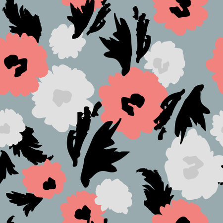 Modern abstract poppy flowers and leaves seamless pattern. Rough grunge textured flower background. Botanical sketch repeat. Vector illustration or textile, wallpapers, prints and web designのイラスト素材