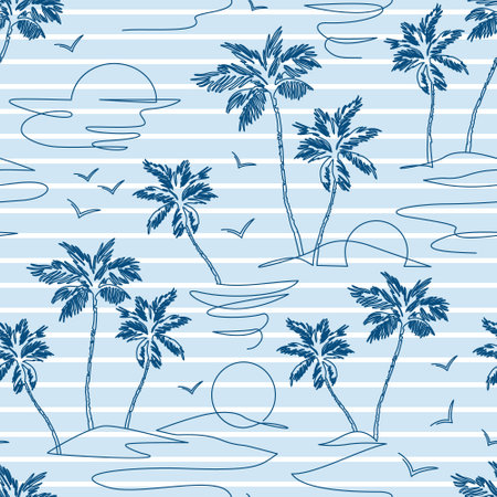 One line drawing tropical oasis island seamless pattern. Abstract landscape on blue stripe background: mountains, sea, coconut palm tree, birds continuous art. Vector illustration for minimal printのイラスト素材