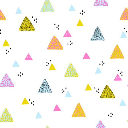 Creative grunge triangles seamless pattern. Abstract geometric texture. Simple geometric shapes doodles wallpaper. Hand drawn vector illustration for kids design, wall decor. Colorful backgroundのイラスト素材