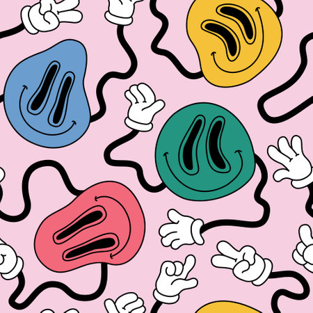 Abstract smiling face seamless pattern in 70s hippie style. Funny melting smiling happy characters background. Cartoon art illustration for retro vintage wallpaper designのイラスト素材