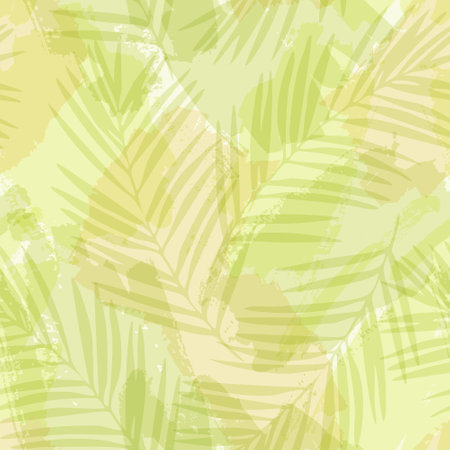 Abstract watercolor seamless pattern in green colors. Hand drawn palm leaf silhouettes grunge textures, brush strokes background. Vector art illustration for wallpaper, textile, fabric, spring designのイラスト素材