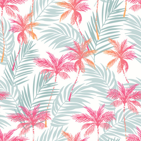 Abstract neon coconut trees on grey palm leaves background. Tropical palm trees, leaf silhouettes repeat. Vector art illustration for summer design, floral prints, exotic wallpaper, textile, fabricのイラスト素材