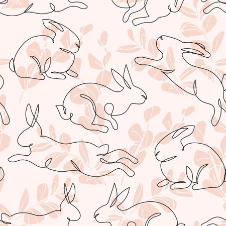 Abstract rabbit line art on floral background. Symbol of Chinese New Year zodiac. Hand drawn cute bunnies seamless pattern. Cartoon vector illustration for party, celebration invitation, cardのイラスト素材