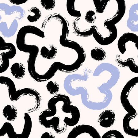 Abstract rough daisies seamless pattern. Camomile or daisy flowers background. Hand drawn botanical black ink brush strokes in floral shapes. Vector flowers illustration in naive childish styleのイラスト素材