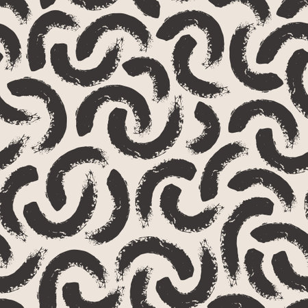 Black geometric lines seamless pattern. Wavy squiggle brush strokes texture background. Abstract minimal line doodles print. Vector illustration for wallpaper design, fabric, textile, paper wrappingのイラスト素材