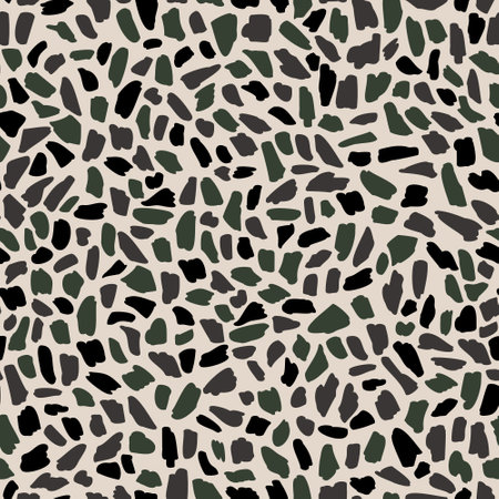 Grunge brush strokes seamless pattern. Abstract texture. Simple dotted, spotted wallpaper. Hand drawn vector illustration. Chaotic mosaic dark blue, grey, orange pieces on beige backgroundのイラスト素材