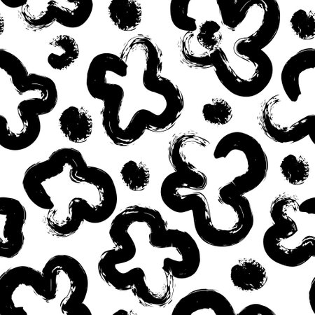 Abstract rough daisies seamless pattern. Camomile or daisy flowers background. Hand drawn botanical black ink brush strokes in floral shapes. Vector flowers illustration in naive childish styleのイラスト素材