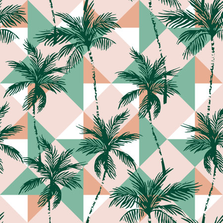 Abstract coconut trees on geometrical rhombus background. Tropical palm trees silhouettes repeat in retro style. Vector art illustration for summer design, print, exotic wallpaper, textile, fabricのイラスト素材