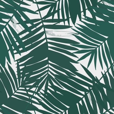 Green tropical leaves drawing seamless pattern. Abstract Palm leaf line art, silhouette background. Creative tropics illustration for wallpaper, textile, fabric, wrapping design. Vector artのイラスト素材
