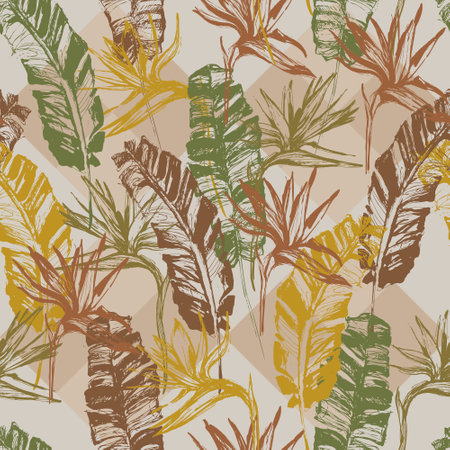 Grunge tropical leaves, flowers on geometrical rhombus background. Hand drawn abstract background: banana leaf, bird-in-paradise flower. Vector art illustration for summer design, prints, wallpaperのイラスト素材