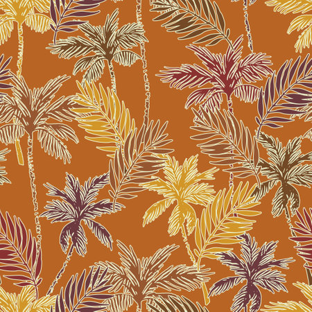 Colorful vivid palm tree, leaf silhouettes, outlines seamless pattern. Abstract palms, leaves background. Vector art illustration for summer design, tropics print, exotic wallpaper, textile, fabricのイラスト素材
