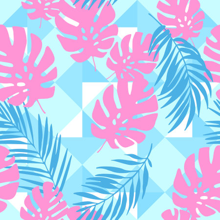 Exotic leaves on geometrical rhombus background. Seamless tropical pattern. Monstera plant, palm leaf silhouettes on geo ornament. Vector art illustration for summer design, floral prints, wallpaperのイラスト素材