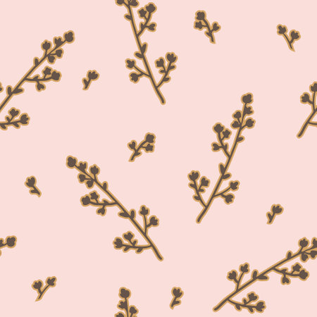 Abstract outlined twigs, floral blooms, branches seamless pattern. Cute organic flower blossoms, leaves background. Hand drawn botanical illustration for wallpaper, textile, fabric, spring designのイラスト素材