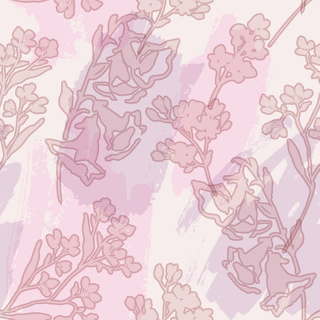 Transparent florals on grunge texture background. Abstract outline flowers, watercolor textured seamless pattern. Hand drawn botanical illustration for wallpaper, textile, fabric, spring designのイラスト素材