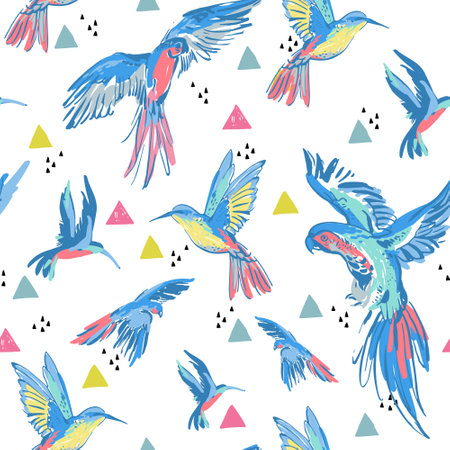 Creative grunge flying parrots triangles seamless pattern. Tropical birds on abstract geometric shapes doodles background. Hand drawn vector illustration for kids design, wall decor, fabric, textileのイラスト素材