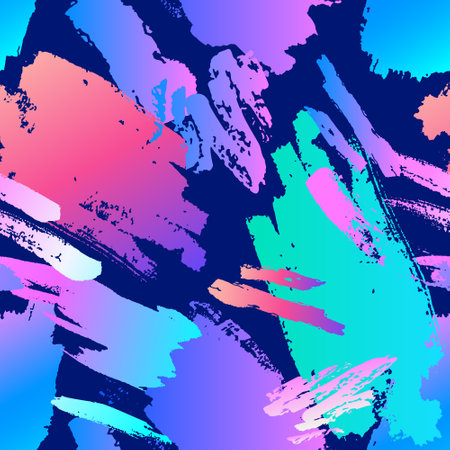 Abstract brush stroke, neon smear, colorful seamless pattern. Hand drawn bright grunge textures, smudges, brushstrokes background. Vector art illustration for wallpaper, textile, fabric, modern designのイラスト素材