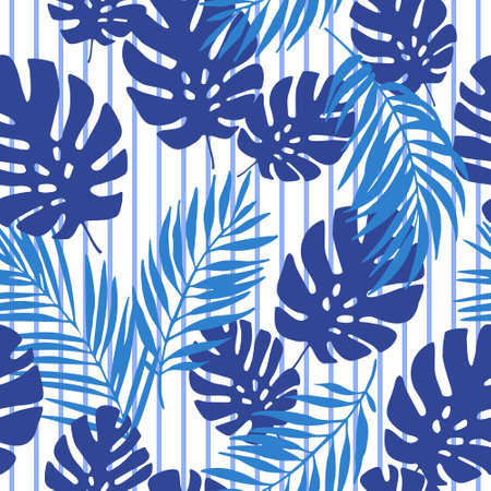 Navy blue tropical leaves on striped background. Seamless tropical pattern. Monstera plant, palm leaf silhouettes, lines, stripe. Vector art illustration for summer design, floral prints, wallpaperのイラスト素材