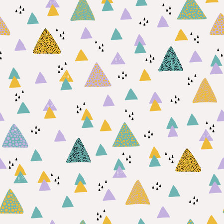 Creative grunge triangles seamless pattern. Abstract geometric texture. Simple geometric shapes doodles wallpaper. Hand drawn vector illustration for kids design, wall decor. Colorful backgroundのイラスト素材