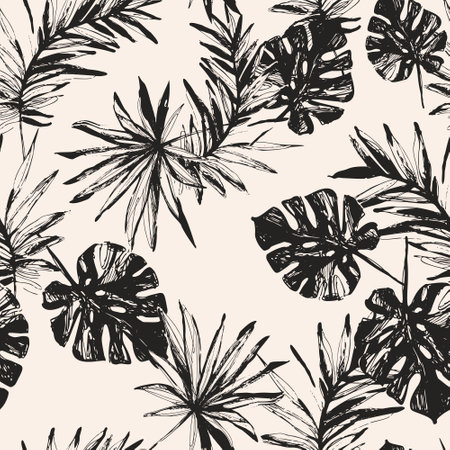 Grunge tropical leaves, dots seamless pattern. Hand drawn abstract monstera, palm, leaf textured silhouettes background. Vector art illustration for summer design, floral prints, wallpaperのイラスト素材