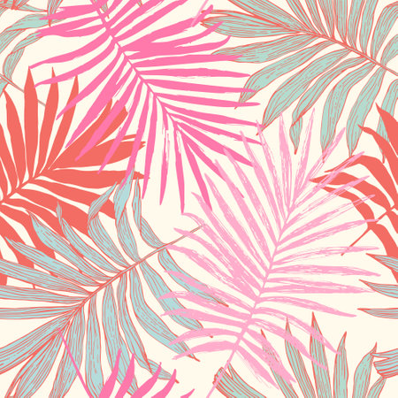 Colorful tropical leaves seamless pattern. Summer palm leaf background. Hand drawn tropics silhouettes, line art, sketches. Vector art illustration for floral prints, wallpaper, textile, fabric designのイラスト素材