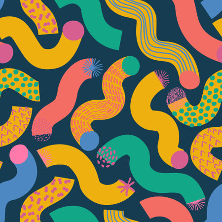 Colorful geometric lines, doodle seamless pattern. Wavy squiggle shapes texture background. Abstract minimal line doodles print. Vector illustration for wallpaper design, fabric, paper wrappingのイラスト素材