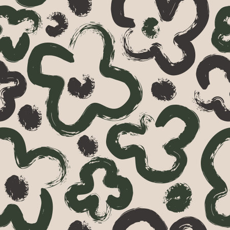 Abstract simple flowers print. Beige green black colored daisy flowers with dotted doodle texture background. Trendy collage seamless pattern for fashion design, floral prints, spring summer wallpaperのイラスト素材