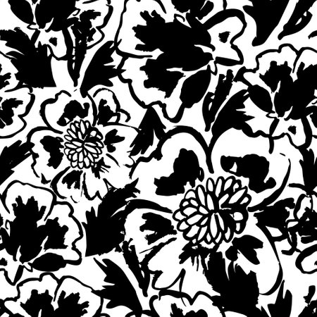 Modern abstract poppy flowers and leaves seamless pattern. Rough grunge textured flower background in black and white colors, sketch repeat. Vector illustration or textile, wallpapers, printsのイラスト素材