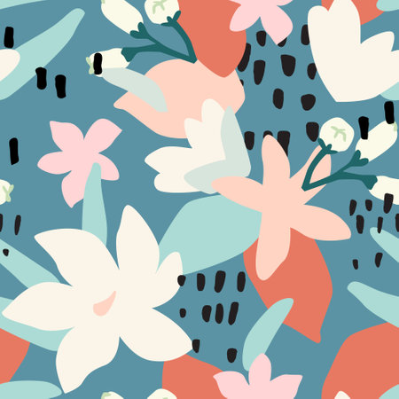 Abstract modern bohemian organic flower seamless pattern. Trendy floral illustration boho hippie styles. Cute organic flower shapes, doodle background. Natural wallpaper for wall decor. Vector artのイラスト素材