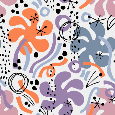 Abstract doodles circles, dots, squiggles seamless pattern. Abstract minimal lines, circles, doodles, squiggles seamless pattern. Colorful wavy elements in kids cartoon style. Fun vector illustrationのイラスト素材