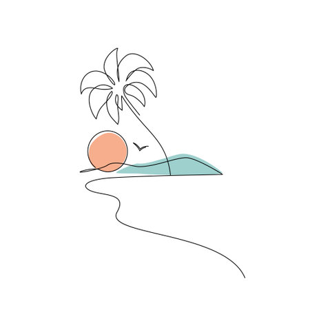 Tropics oasis island line drawing. Abstract tropical landscape continuous art line with mountains, beach sea, coconut palm tree. Vector nature wallpaper for minimal poster, templateのイラスト素材