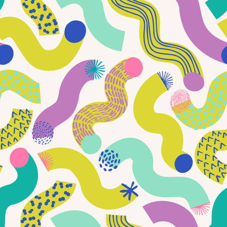 Colorful geometric lines, doodle seamless pattern. Wavy squiggle shapes texture background. Abstract minimal line doodles print. Vector illustration for wallpaper design, fabric, paper wrappingのイラスト素材