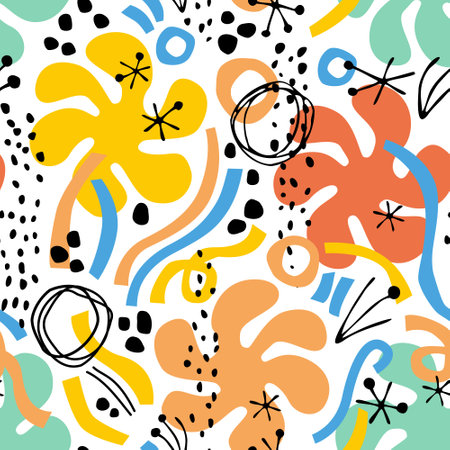 Abstract doodles circles, dots, squiggles seamless pattern. Abstract minimal lines, circles, doodles, squiggles seamless pattern. Colorful wavy elements in kids cartoon style. Fun vector illustrationのイラスト素材