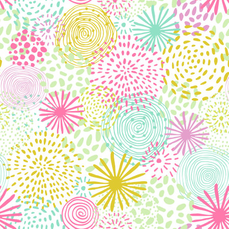 Abstract hand drawn fireworks seamless pattern. Festive background with circle confetti, firework. Fun celebration illustration for winner, victory poster, banner, carnival wallpaper, textile, fabricのイラスト素材