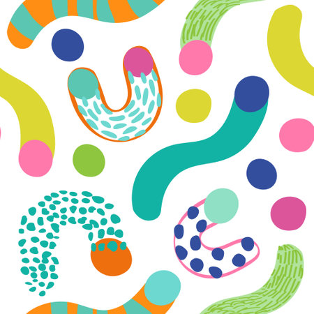 Geometry simple minimal shapes, forms wallpaper. Abstract geometric lines, circles, doodles, squiggles seamless pattern. Colorful wavy elements, curves in kids cartoon style. Fun vector illustrationのイラスト素材