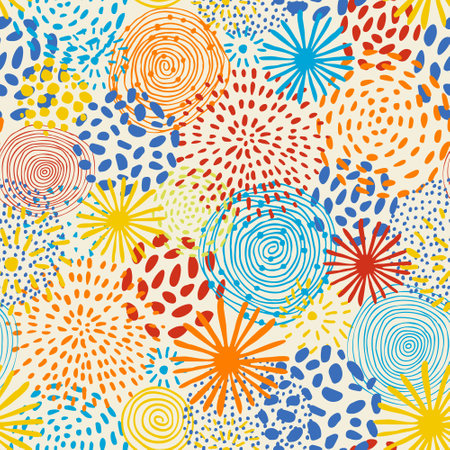 Abstract hand drawn fireworks seamless pattern. Festive background with circle confetti, firework. Fun celebration illustration for winner, victory poster, banner, carnival wallpaper, textile, fabricのイラスト素材