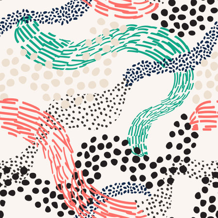 Abstract lines with dotted, striped, half tone texture seamless pattern. Hand drawn whimsical organic lines and stripes background. Colorful wavy curves in kids cartoon style. Fun vector illustrationのイラスト素材
