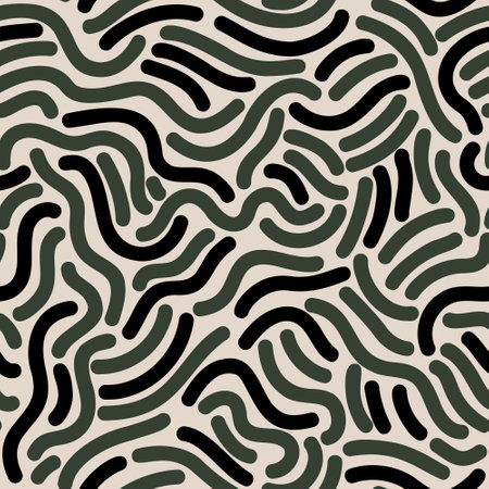 Black green paint brush strokes vector seamless pattern. Wavy squiggle texture background. Abstract minimal line doodles print. Vector illustration for wallpaper design, fabric textile, paper wrappingのイラスト素材