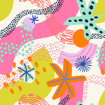 Abstract fun shapes, cartoon grunge texture, brush strokes, doodle geometric background. Geometric minimal elements, forms seamless pattern. Vector artwork for cover, template, fabric designのイラスト素材
