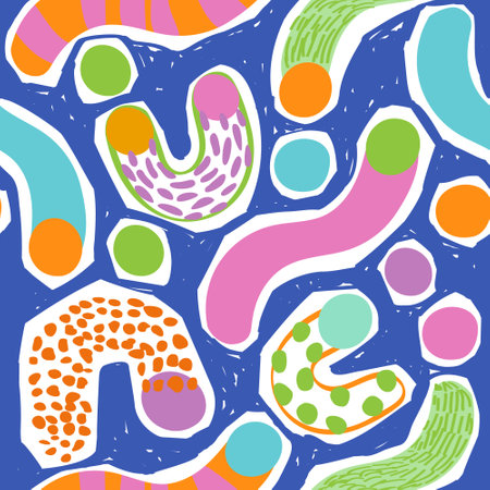 Geometry simple minimal shapes, forms wallpaper. Abstract geometric lines, circles, doodles, squiggles seamless pattern. Colorful wavy elements, curves in kids cartoon style. Fun vector illustrationのイラスト素材