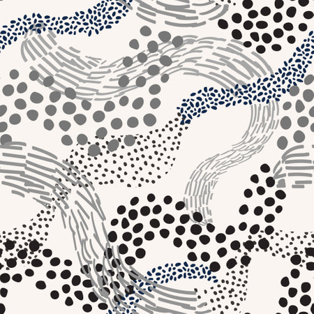 Abstract lines with dotted, striped, half tone texture seamless pattern. Hand drawn whimsical organic lines and stripes background. Monochrome wavy curves in kids cartoon style. Vector art illustrationのイラスト素材