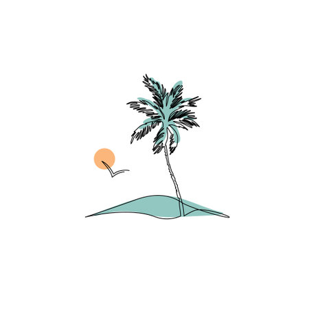 Tropics oasis island line drawing. Abstract tropical landscape continuous art line with mountains, sea, coconut palm tree, cloudscape. Vector nature wallpaper for minimal poster, templateのイラスト素材