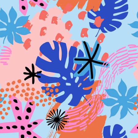 Abstract shapes, cartoon grunge texture, brush strokes, doodle, tropics florals background. Geometric minimal elements, tropical leaves seamless pattern. Vector art for cover, template, fabric designのイラスト素材